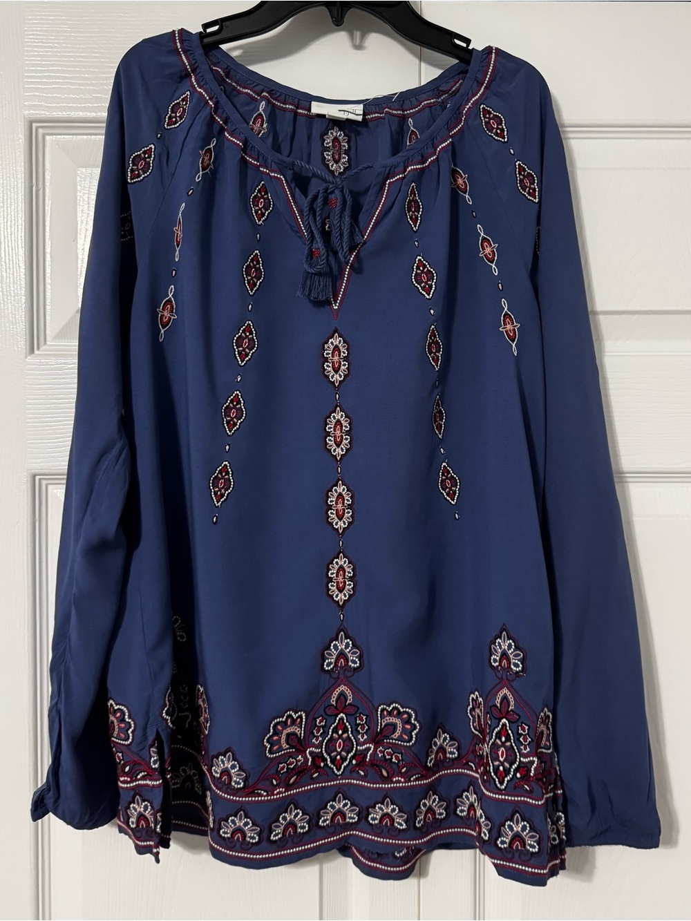 J Jill Embroidered Navy Peasant Blouse